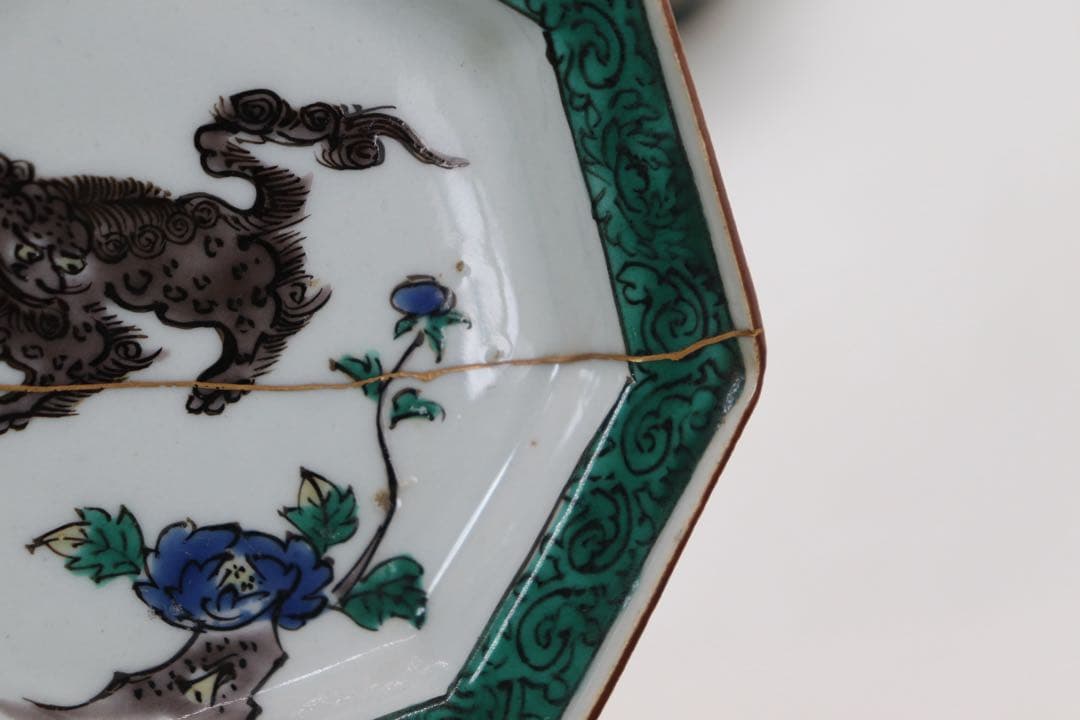 青九谷　牡丹獅子紋角皿4点　江戸　送料込み250511