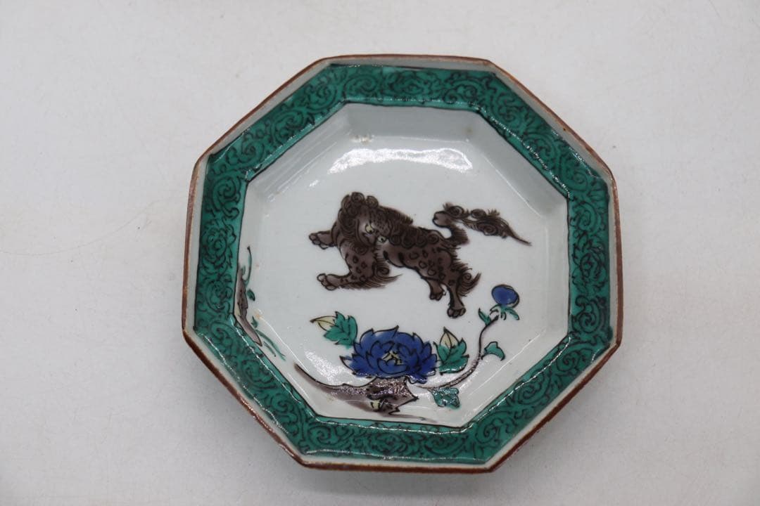 青九谷　牡丹獅子紋角皿4点　江戸　送料込み250511