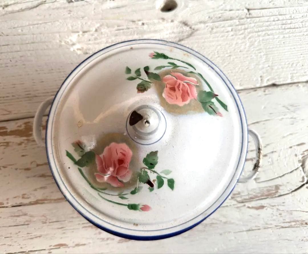 フランスアンティーク 小さなホーローキャセロール 鍋 JAPY 薔薇