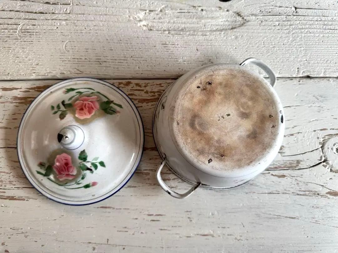 フランスアンティーク 小さなホーローキャセロール 鍋 JAPY 薔薇