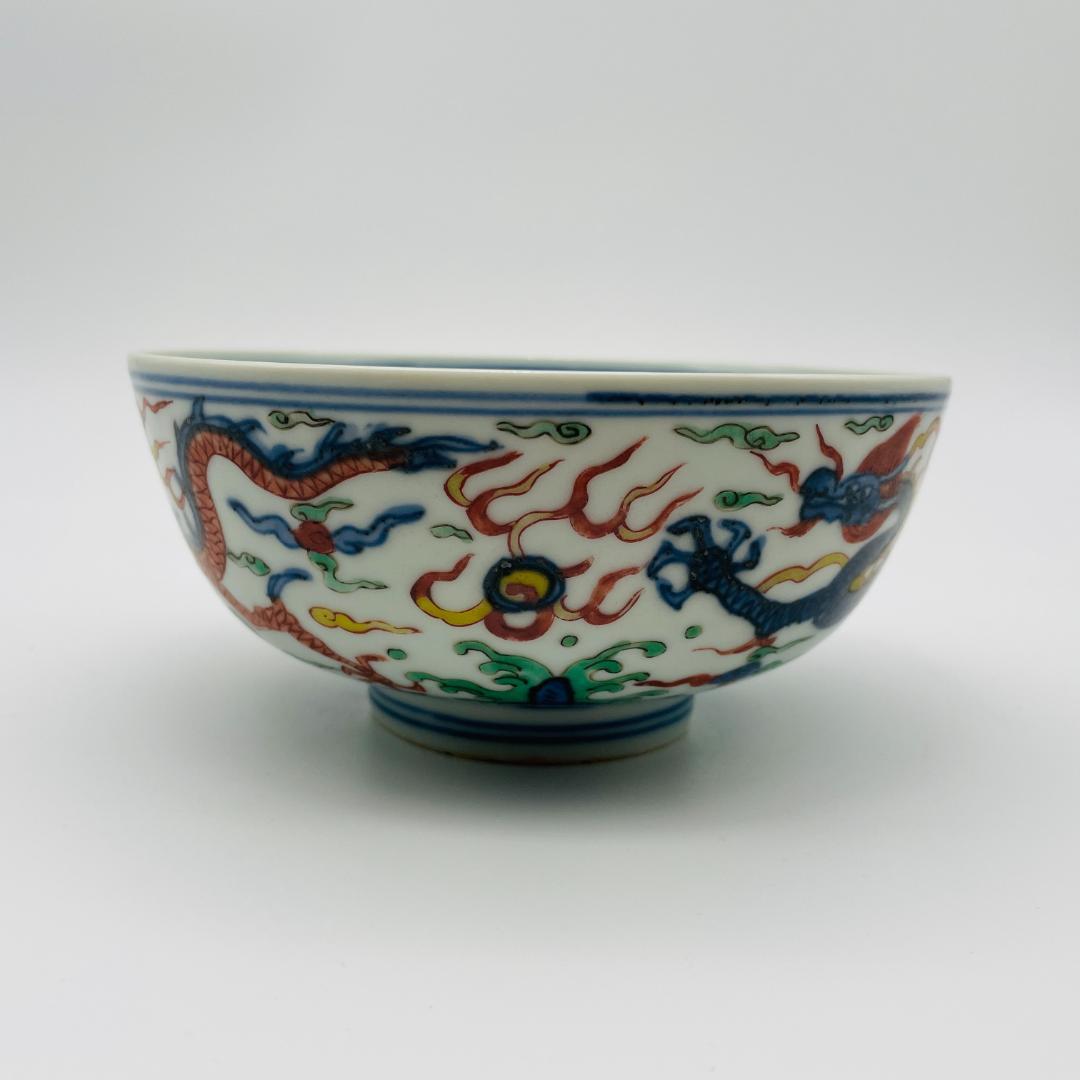 【明】陶磁器 五彩五爪龍文椀 官窯 銘 大明万暦年製 景徳鎮 中国美術 中国古玩