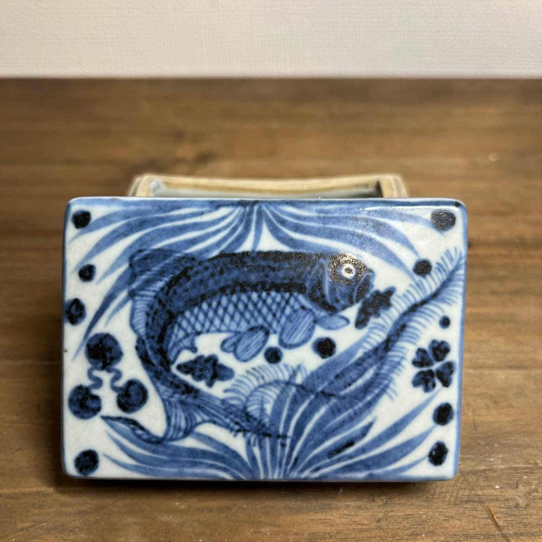 元時代　染付魚藻文香合　元