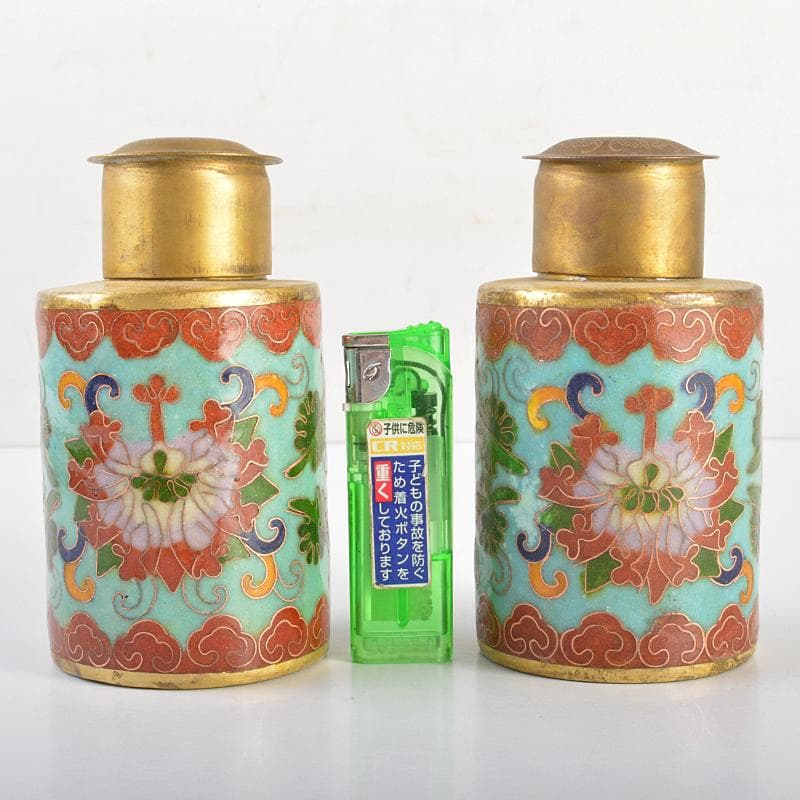 中国　古七宝琺瑯彩　花文　茶入　一對　M　R6636