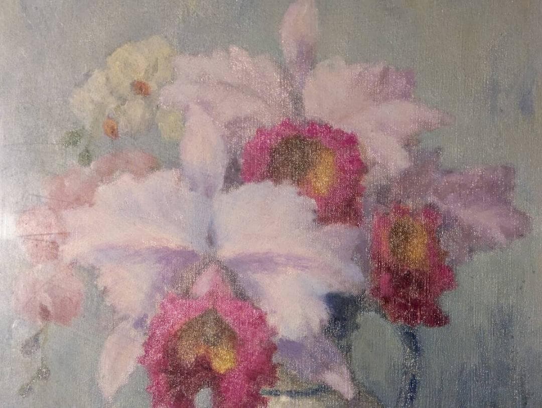 【真作】絵画　境保博　油彩6号　カトレア　優美な静物画　箱入　Y151