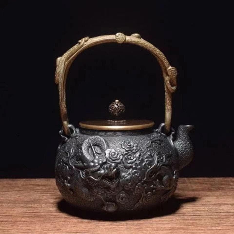 鋳鉄製ドラゴン彫刻鉄瓶 大容量 お茶の道具 1.2L