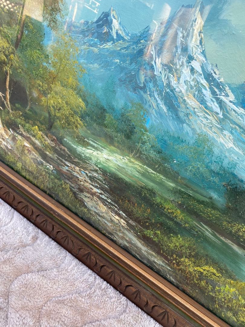 風景画　油彩　木製フレーム付　山水画　特大　大判　アンティーク　絵画
