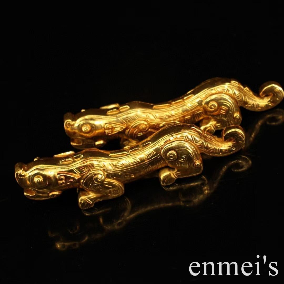 中国古美術・旧蔵鎏金の虎符セット・兵符・純銅製・高浮彫・置物・文房具・風水開運
