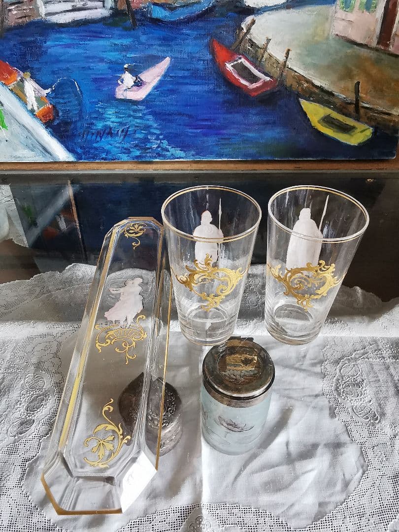 アンティーク ロブマイヤー 手描きエナメル盛上げ金彩 ペアのダンス 八面体トレイ