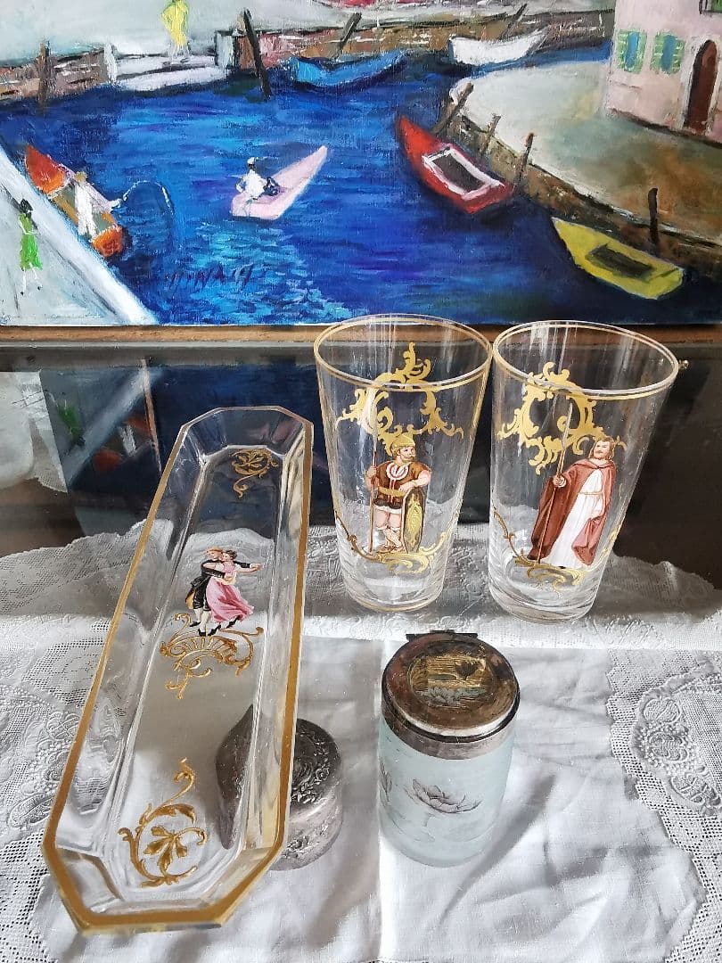 アンティーク ロブマイヤー 手描きエナメル盛上げ金彩 ペアのダンス 八面体トレイ