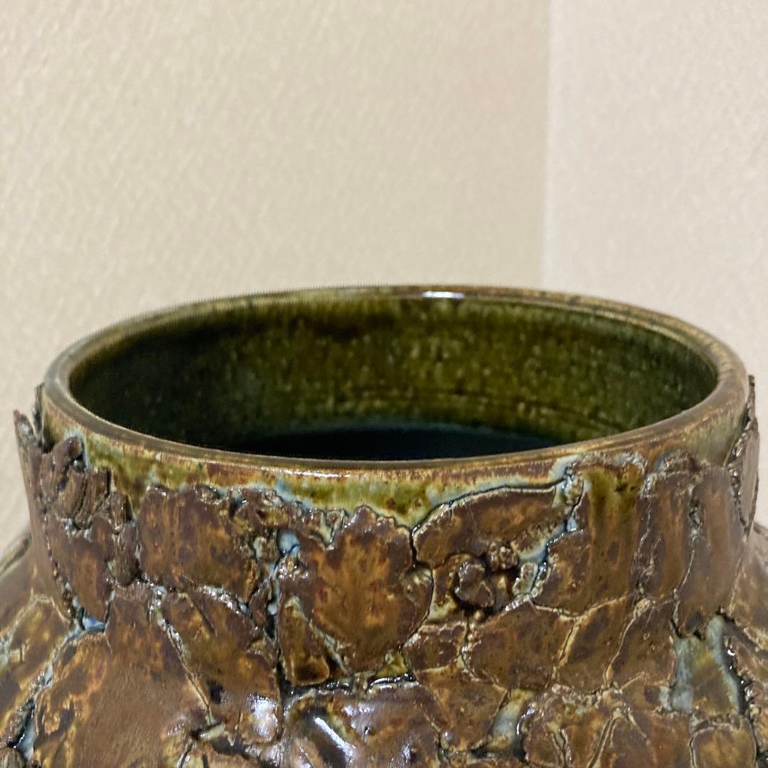 瀬戸焼　末広窯　中島翁介　緑釉花瓶　飾り壺　特大　高さ32㌢　烈紋