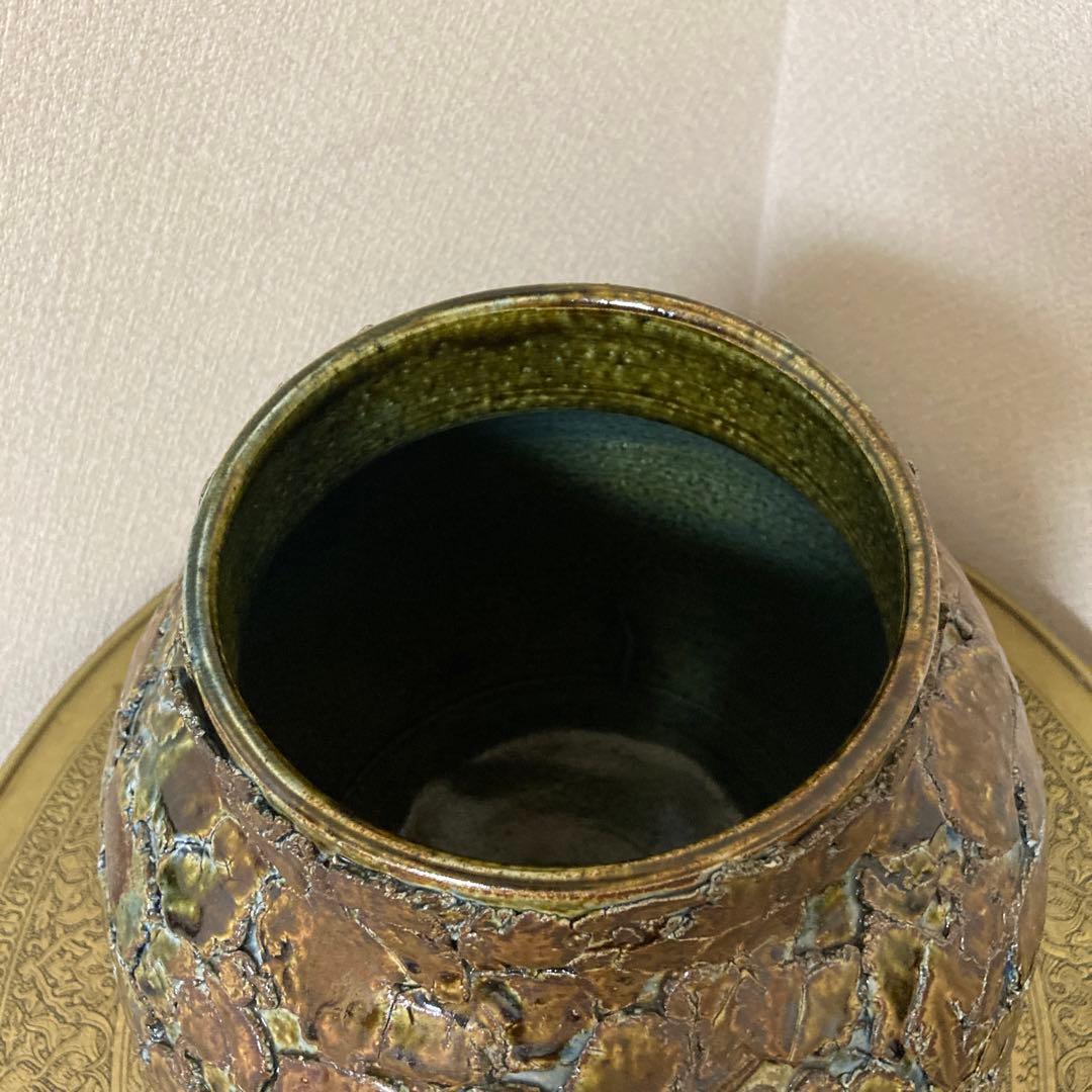 瀬戸焼　末広窯　中島翁介　緑釉花瓶　飾り壺　特大　高さ32㌢　烈紋