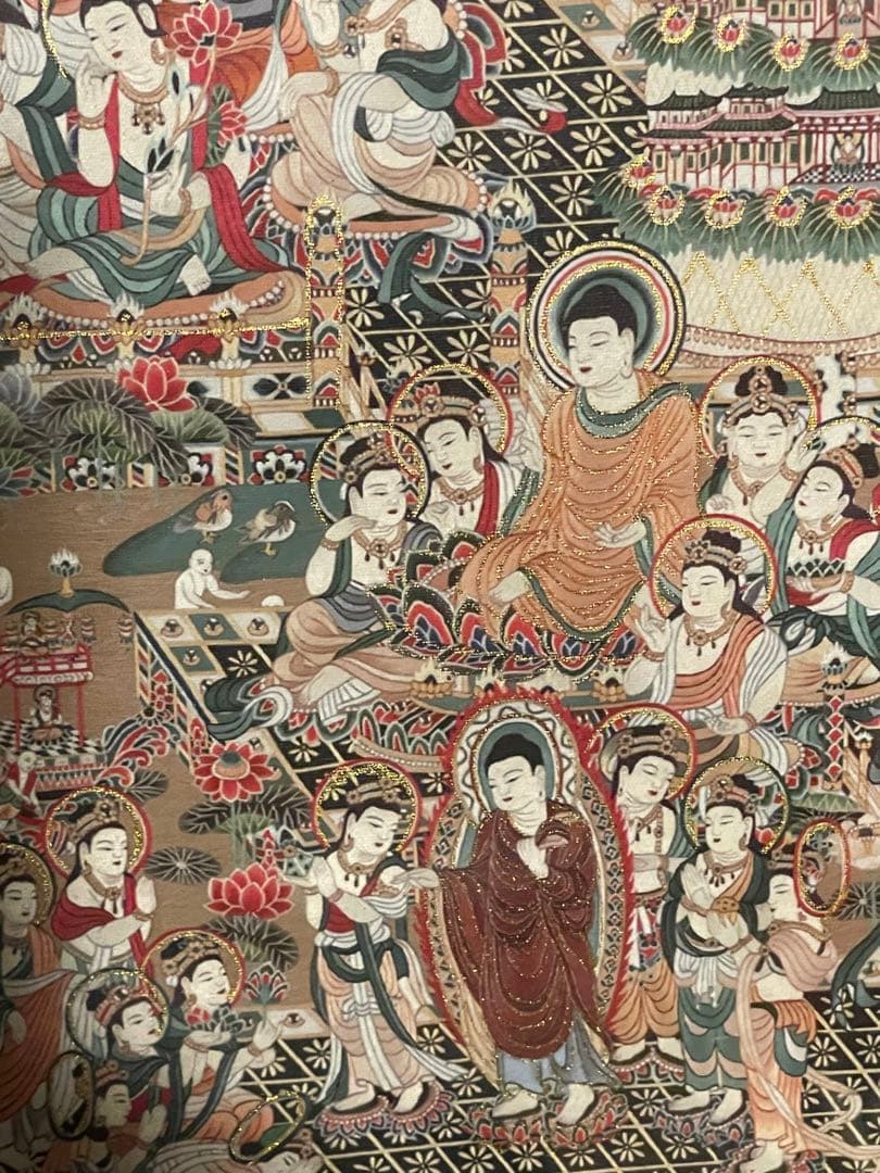 当麻曼荼羅図　綴織　平成本　複製　仏画　彩絵 伝統的な仏教絵画 金箔装飾