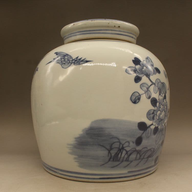 清光緒  鯖牡丹花蓋缶  景徳鎮 陶磁器 装飾品 工芸品美術品 置物