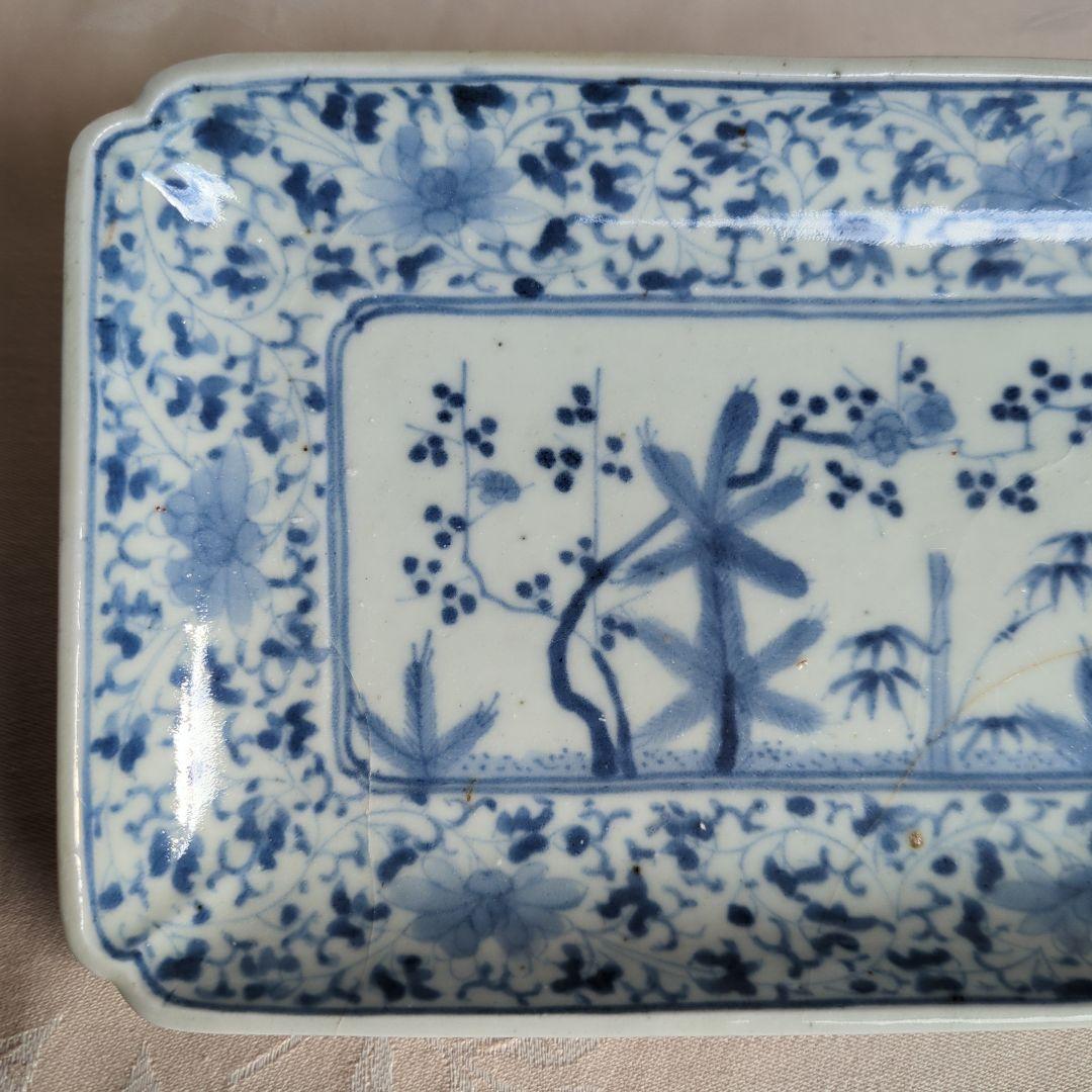 古伊万里 花唐草に松竹梅図 二重角福銘 江戸中期 角皿