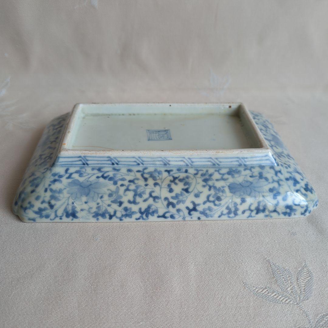 古伊万里 花唐草に松竹梅図 二重角福銘 江戸中期 角皿