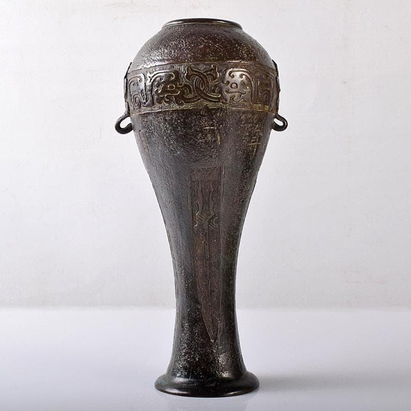 中国　古銅　漢詩饕餮文　双耳瓶　時代箱付　M　R8223B
