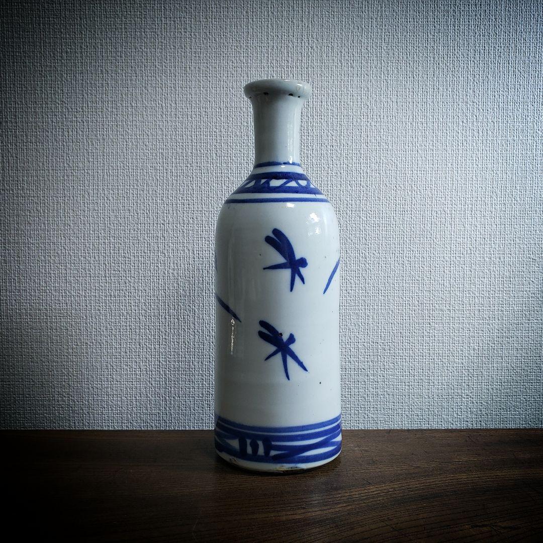 ★徳利　染付　トンボ　花器　花瓶　一輪挿し　草花　江戸幕末　出石焼