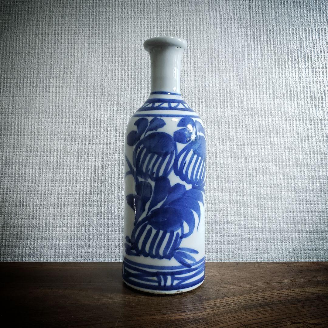 ★徳利　染付　トンボ　花器　花瓶　一輪挿し　草花　江戸幕末　出石焼