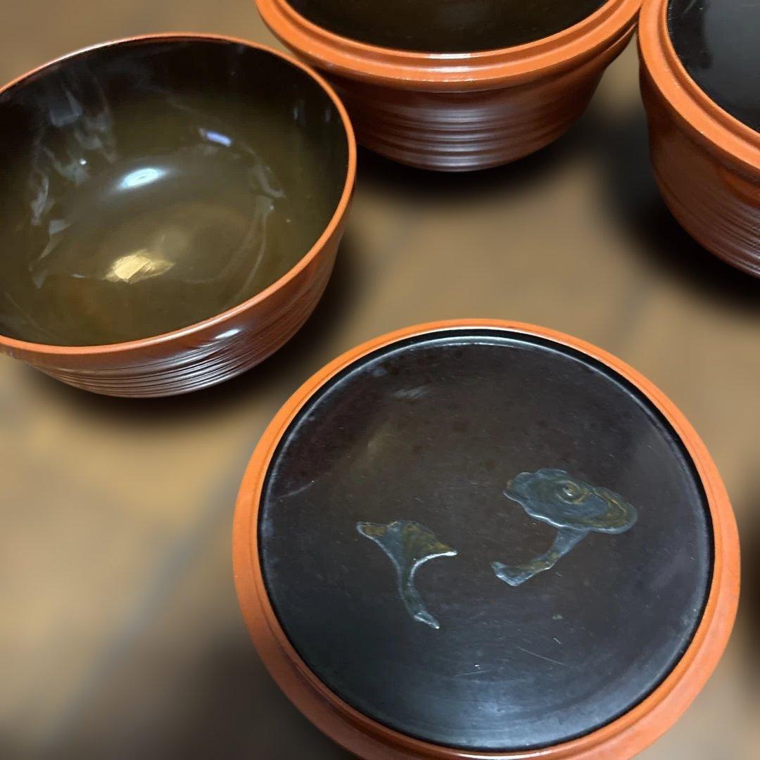 期間限定最終処分特価　逸品明治輪島の作品　蓋裏霊芝模様汁物椀煮物椀五客セット上品