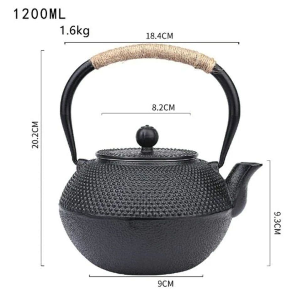 麻紐付き黒色鉄急須 貧血予防に直火可能鉄瓶 1200ML鉄分補給　伝統工芸品