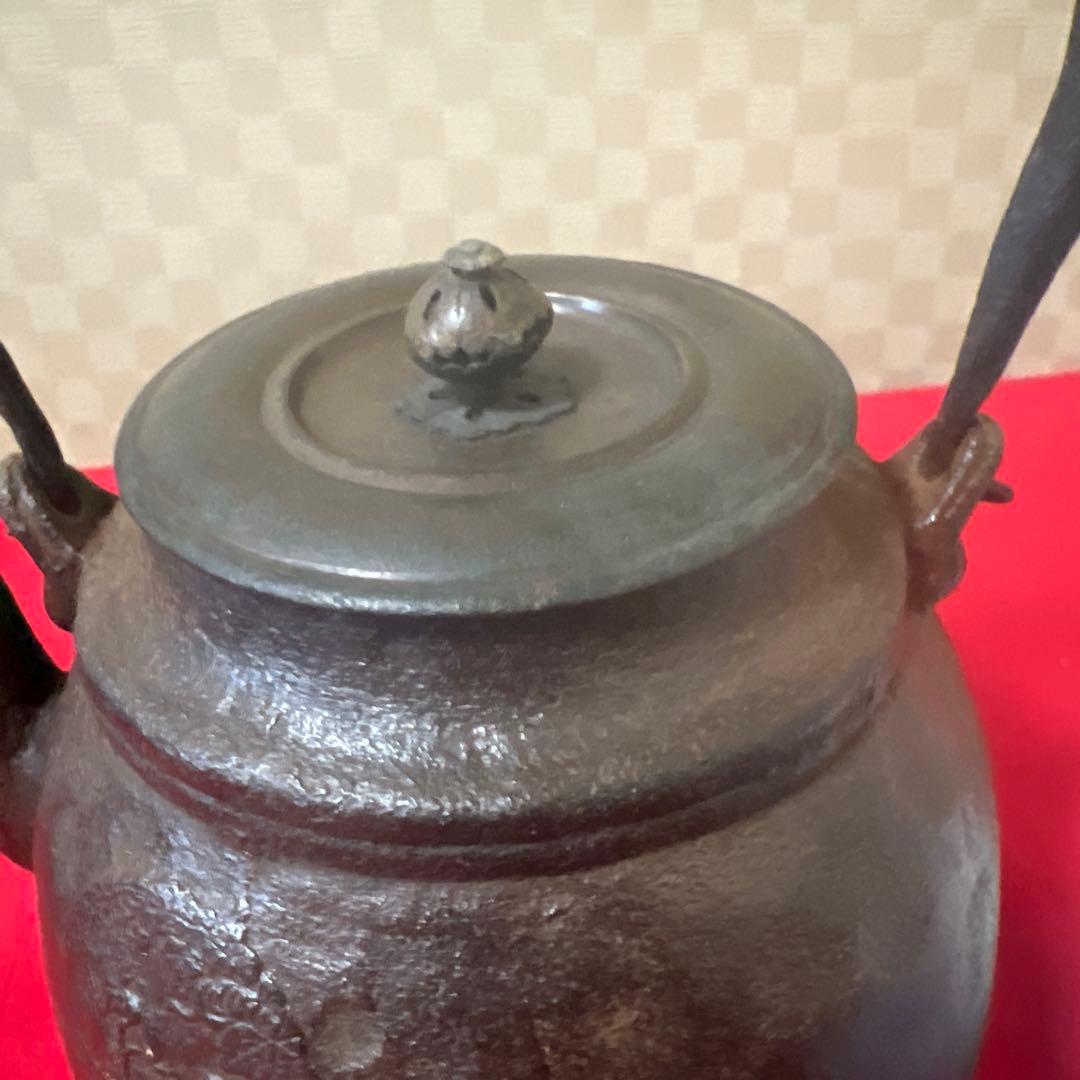 江戸時代　小ぶり650cc 棗形　鉄瓶　斑紫銅蓋龍文堂　煎茶　急須 古美術
