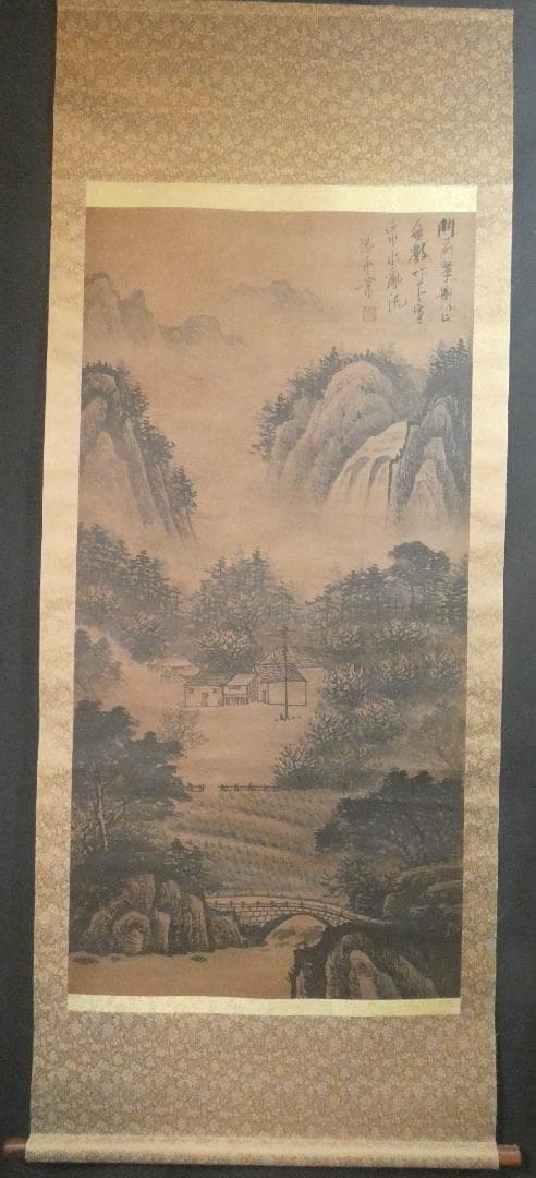 掛軸 韓国、朝鮮書画 張承業「風景」サイン　紙本 肉筆手描き