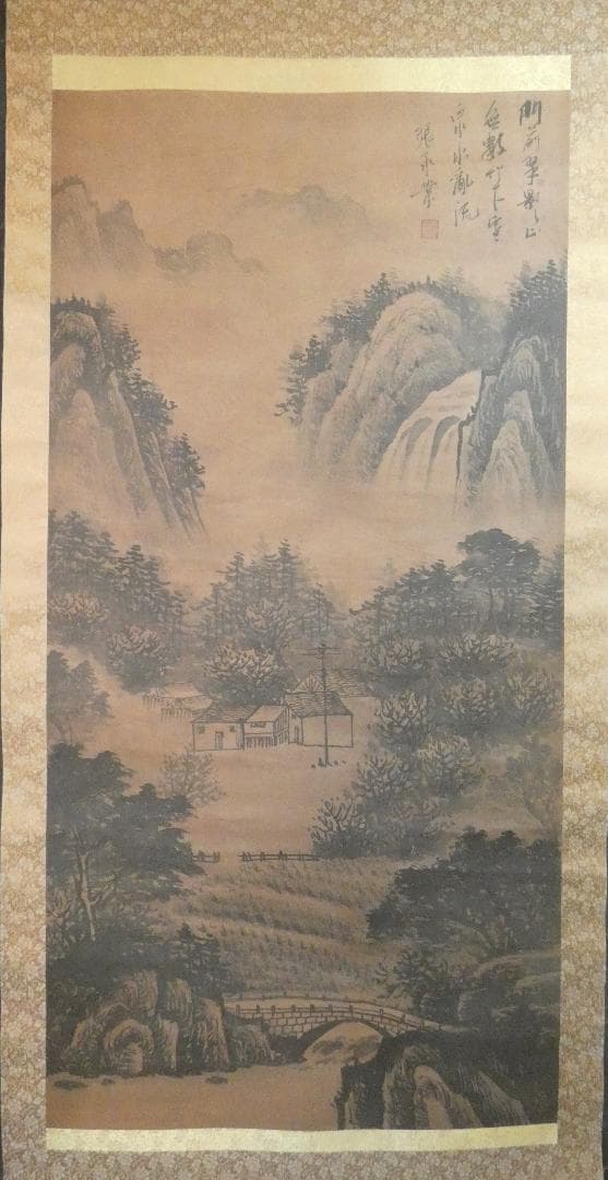 掛軸 韓国、朝鮮書画 張承業「風景」サイン　紙本 肉筆手描き