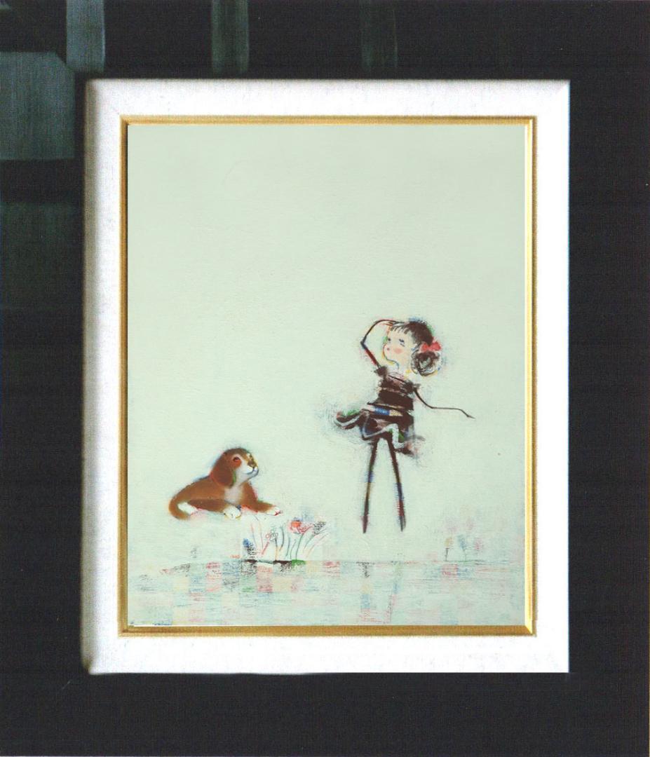 油絵 菅家令子絵 絵画インテリアF4-072319 子犬と女の子 \"飛行機だ～”