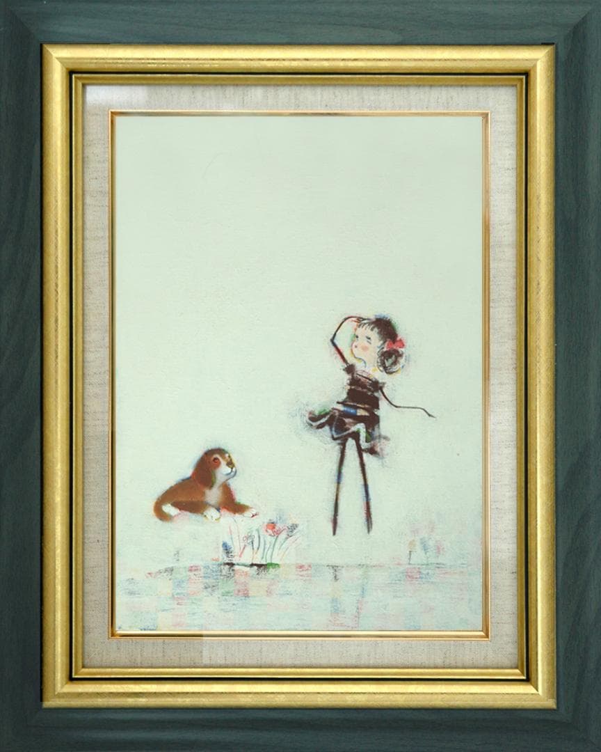 油絵 菅家令子絵 絵画インテリアF4-072319 子犬と女の子 \"飛行機だ～”