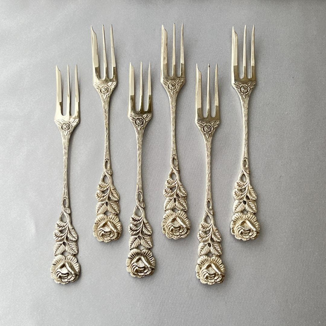 【ANTICO】 ヒルデスハイムローズ ケーキフォーク 6本【純銀】 12cm