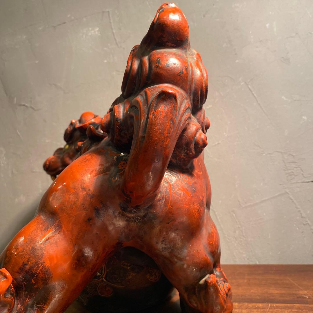 時代物 九谷焼 玉乗り獅子 置物 30cm超え 骨董品 魔除け オブジェ 古手