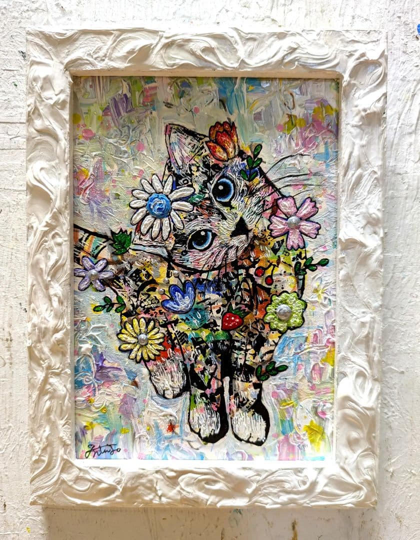 手作り額付き絵画　title「はるうららニャンコ」
