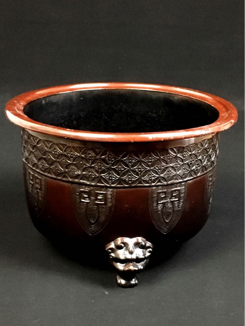 S26唐銅風炉師 福島宗秀 唐銅帯七宝菖蒲紋瓶掛・共箱・茶道具