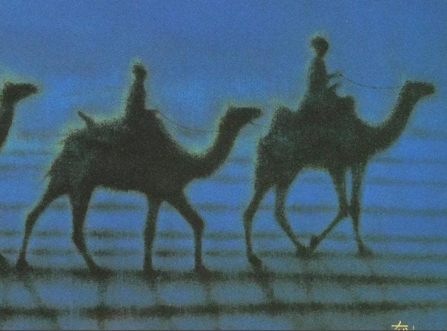 平山郁夫「月光流砂行」工芸画 10号 証明シール 文化勲章 巨匠