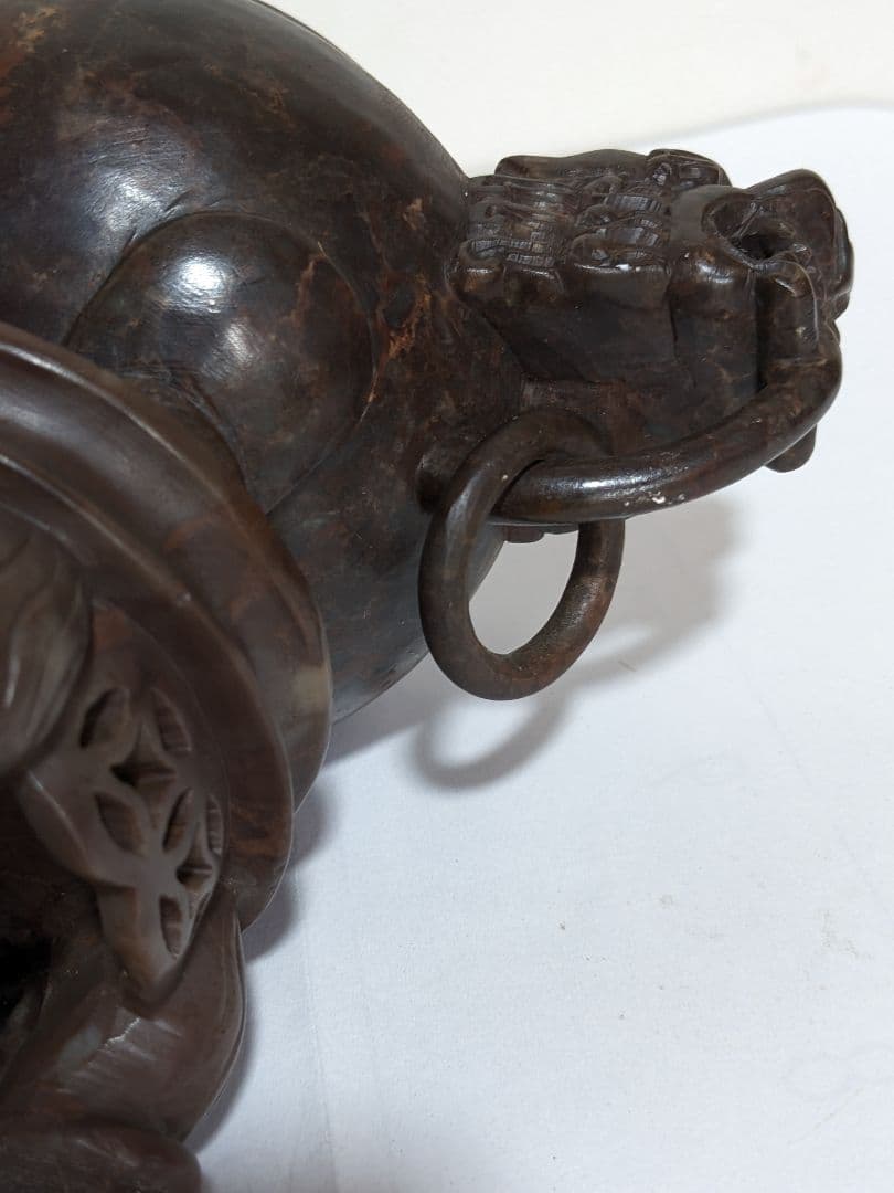 ♦中国 透かし彫り 麒麟 獅子飾り自在遊環双耳四足香炉 手彫り玉石彫刻 骨董品