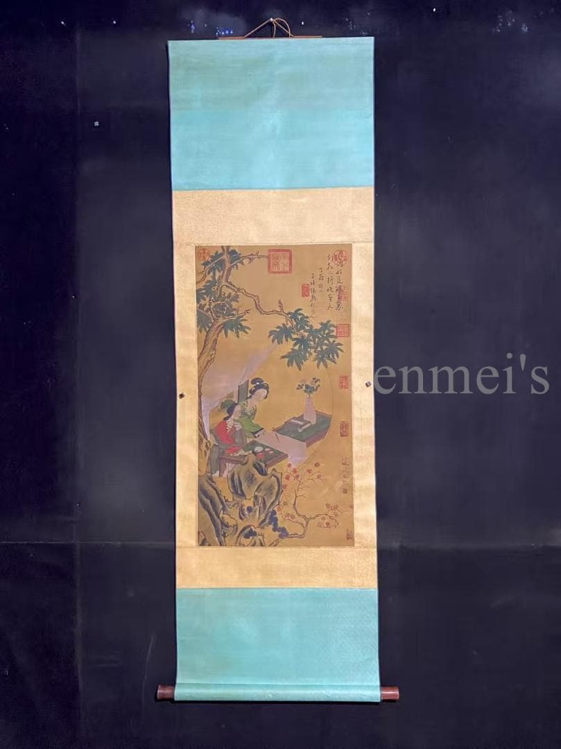 中国古美術 明代 仇英款 仕女人物画 掛軸 絹布 唐物 水彩画 名家書画 肉筆
