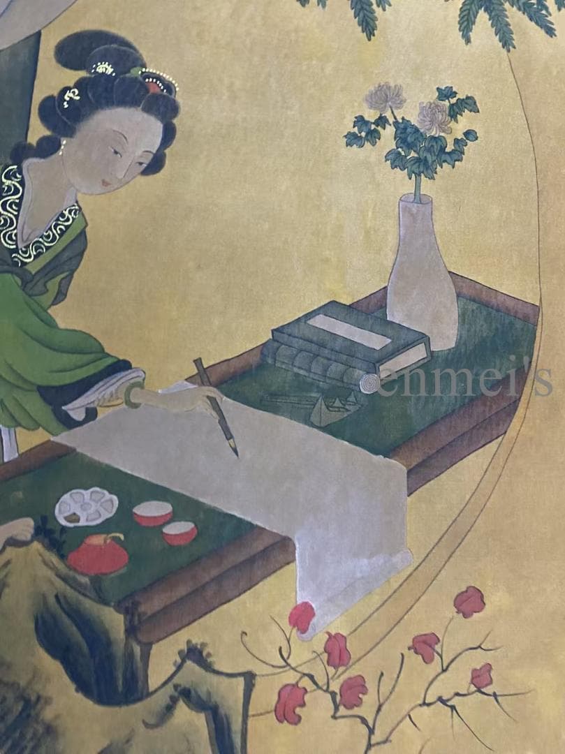 中国古美術 明代 仇英款 仕女人物画 掛軸 絹布 唐物 水彩画 名家書画 肉筆