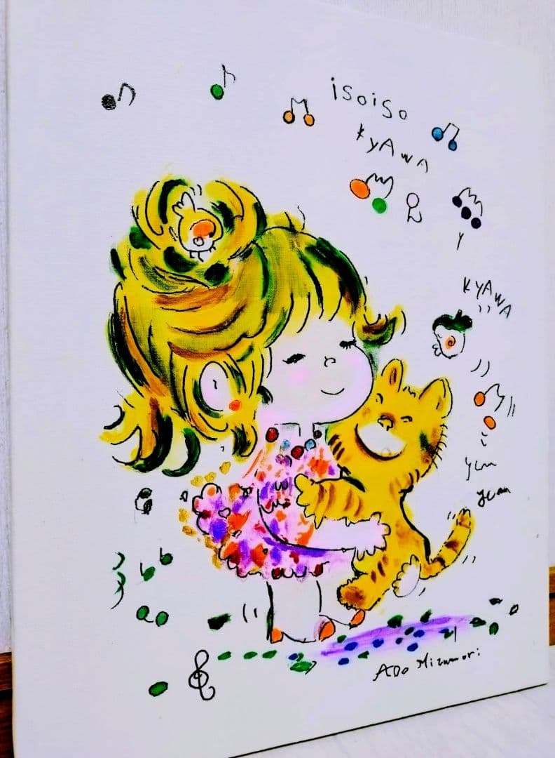 【F6号】水森亜土　手描き作品/表裏サイン・裏描き有/油彩/アクリル/額縁/額装