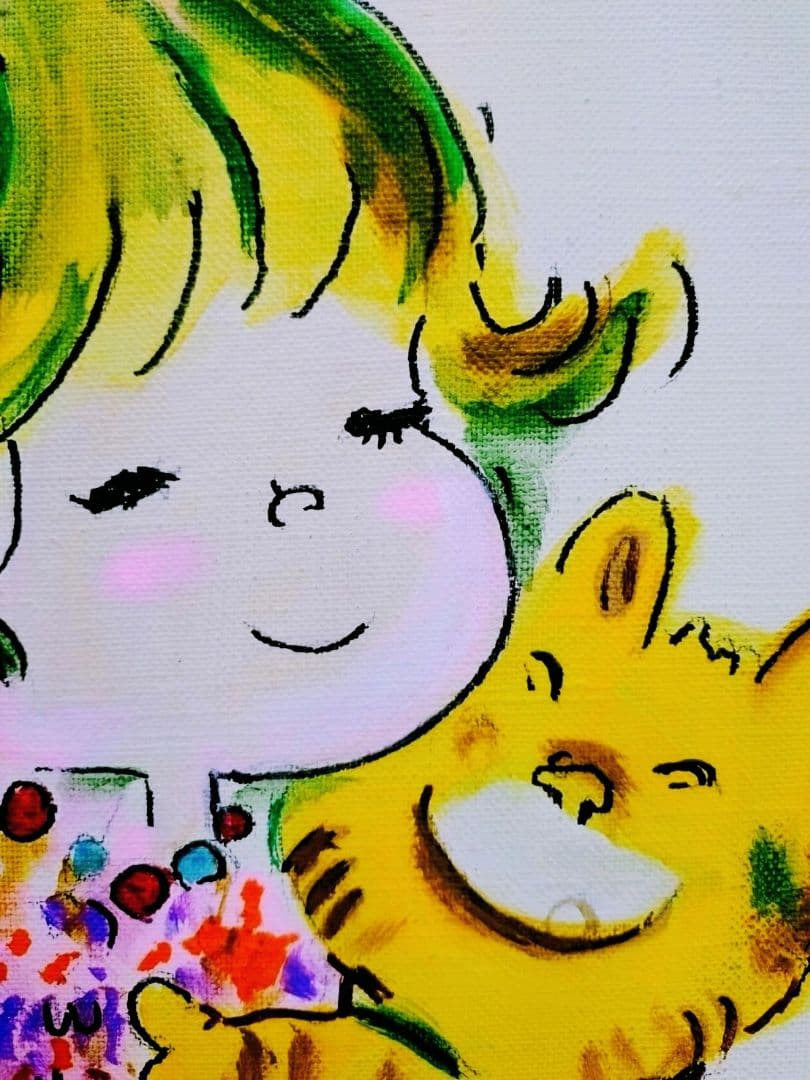 【F6号】水森亜土　手描き作品/表裏サイン・裏描き有/油彩/アクリル/額縁/額装