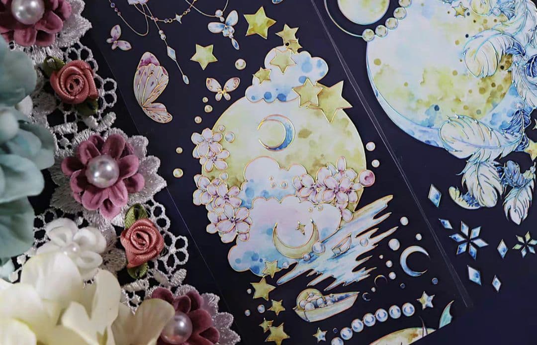 巻売 525★ 海外 マスキングテープ マステ PET 装飾 花 月 銀ホロ