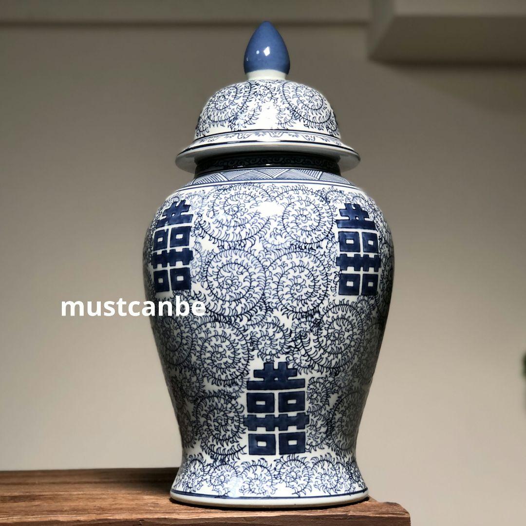 青花喜字将軍缶 景徳鎮 陶磁器 装飾品 現代工芸品 美術品 置物