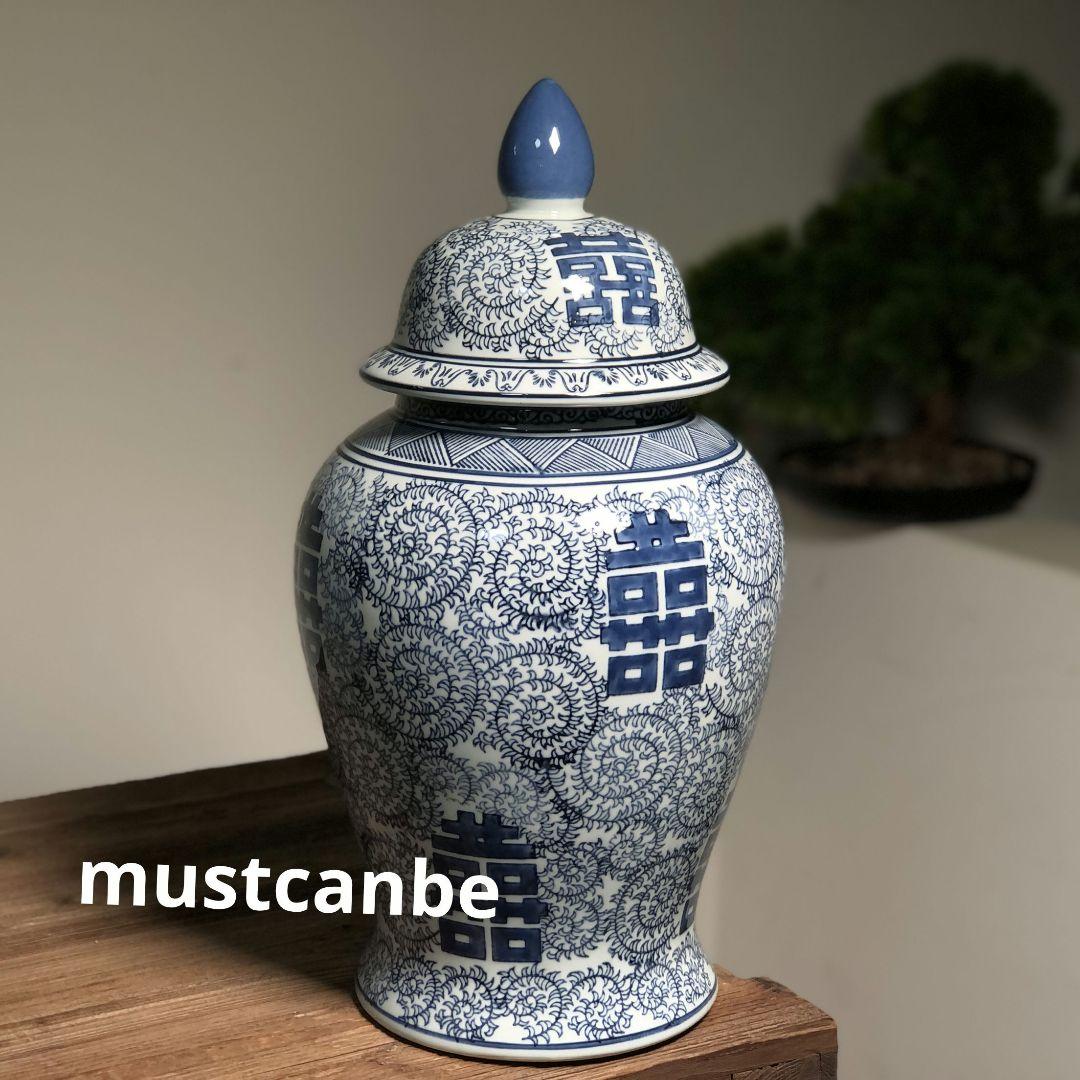 青花喜字将軍缶 景徳鎮 陶磁器 装飾品 現代工芸品 美術品 置物