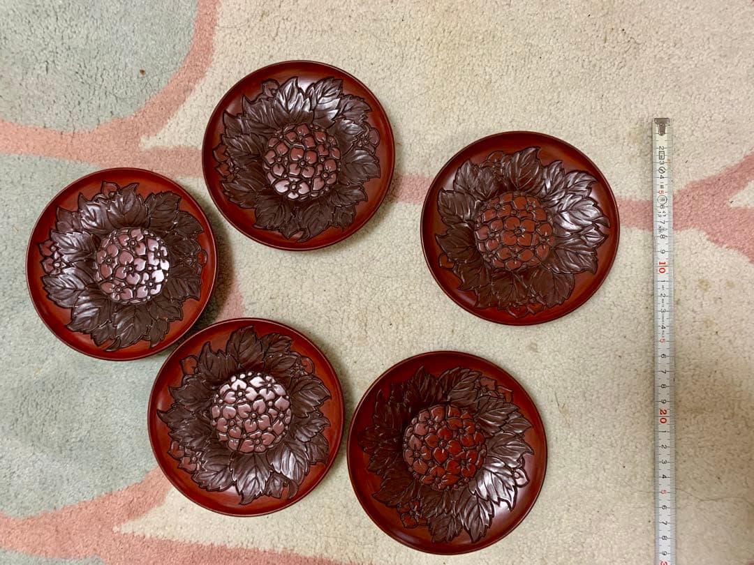 未使用品　鎌倉彫　アジサイ模様の茶托5枚　アンティーク　昭和