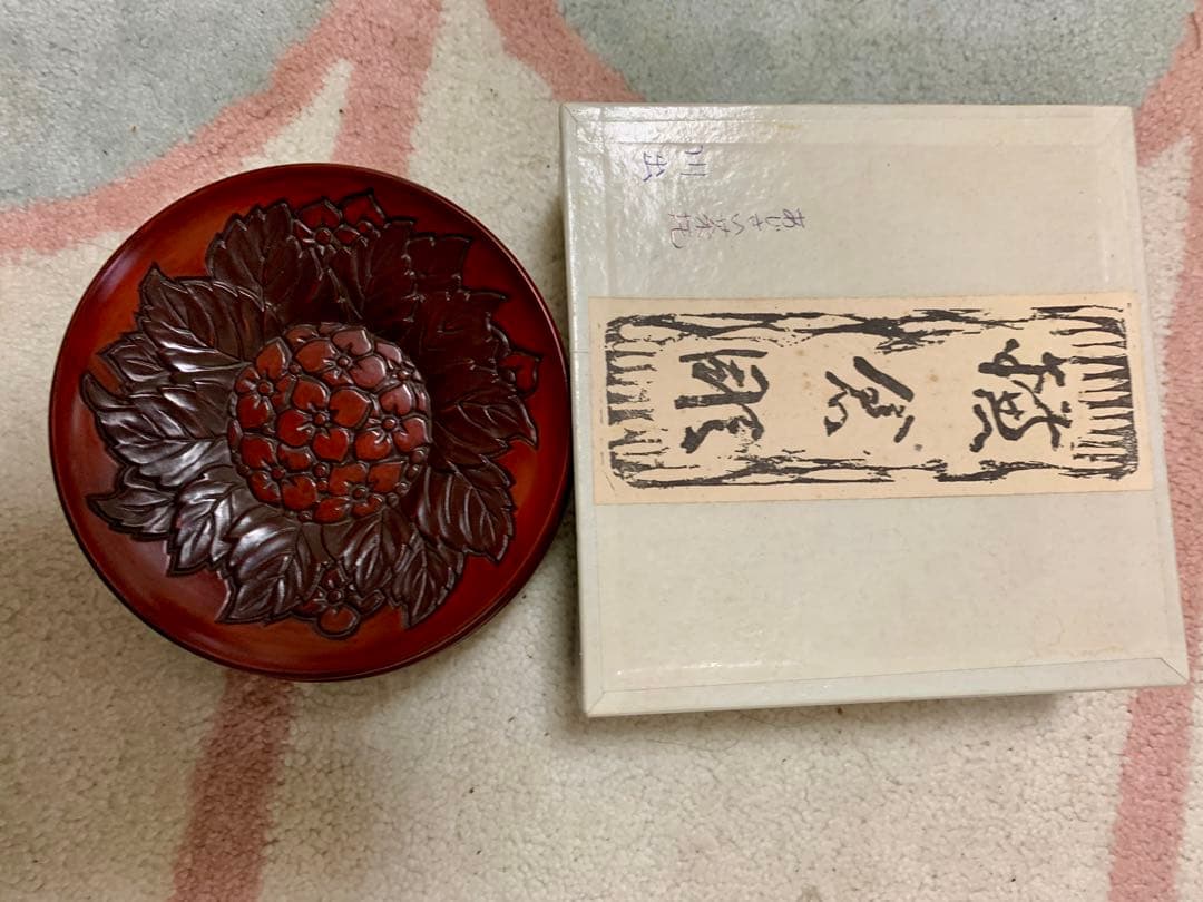 未使用品　鎌倉彫　アジサイ模様の茶托5枚　アンティーク　昭和