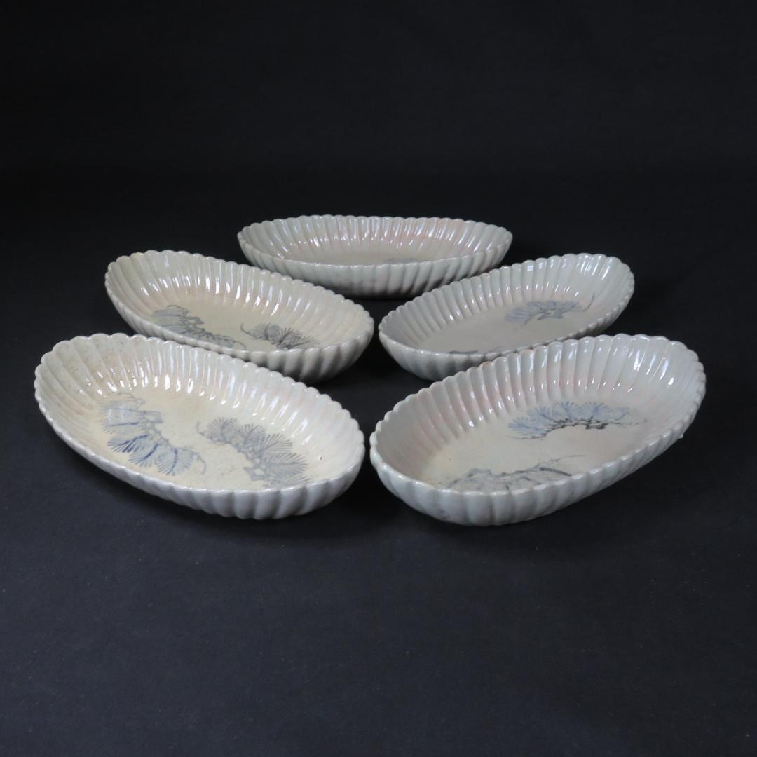 長皿 変形皿 歪み 染付 菊花型 5枚 松 古伊万里
