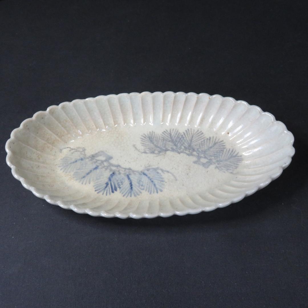 長皿 変形皿 歪み 染付 菊花型 5枚 松 古伊万里