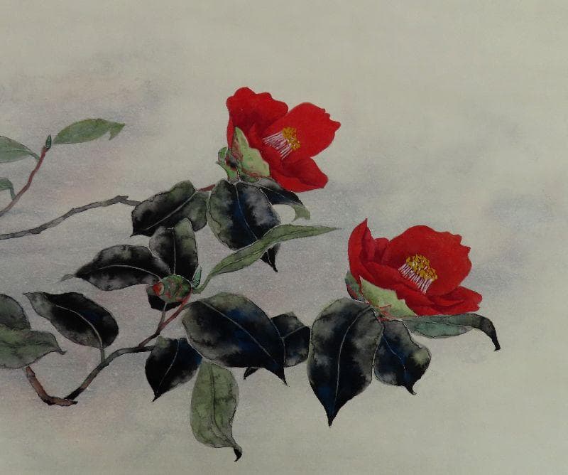 掛軸●　河出幸之助　『椿』　美品　共箱　二重箱　太巻　肉筆　【日本画】