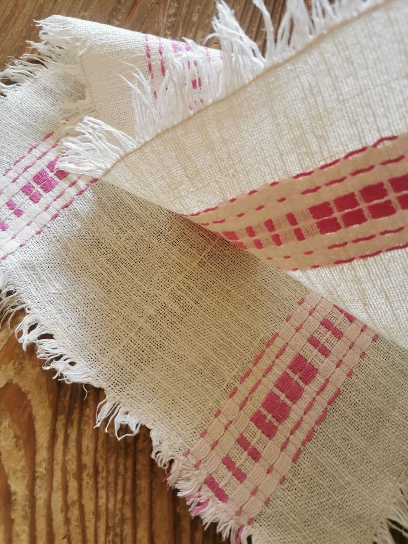 ヴィンテージ フランス ラズベリー桜ピンク織刺繍 プレイスマット リネンランナー