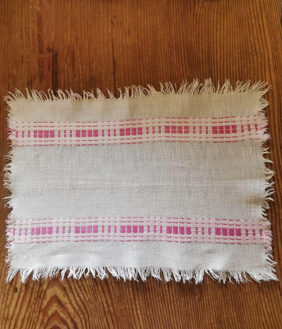 ヴィンテージ フランス ラズベリー桜ピンク織刺繍 プレイスマット リネンランナー