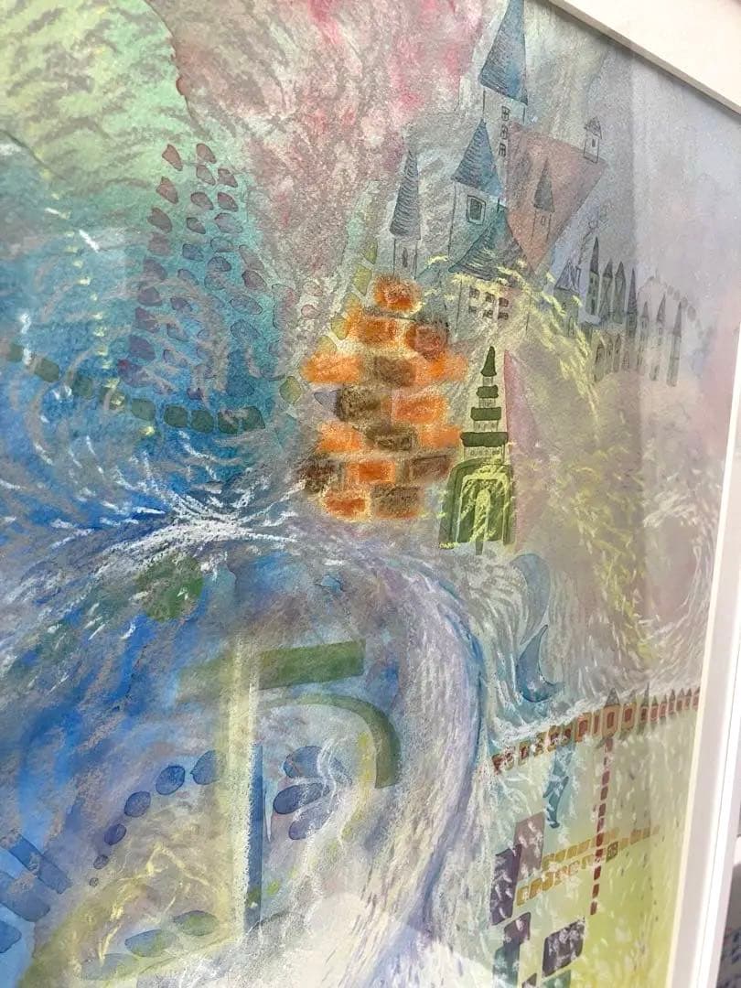 風景画 パステル画 白フレーム 日本製ソフトパステル、水彩画アートインテリア半切